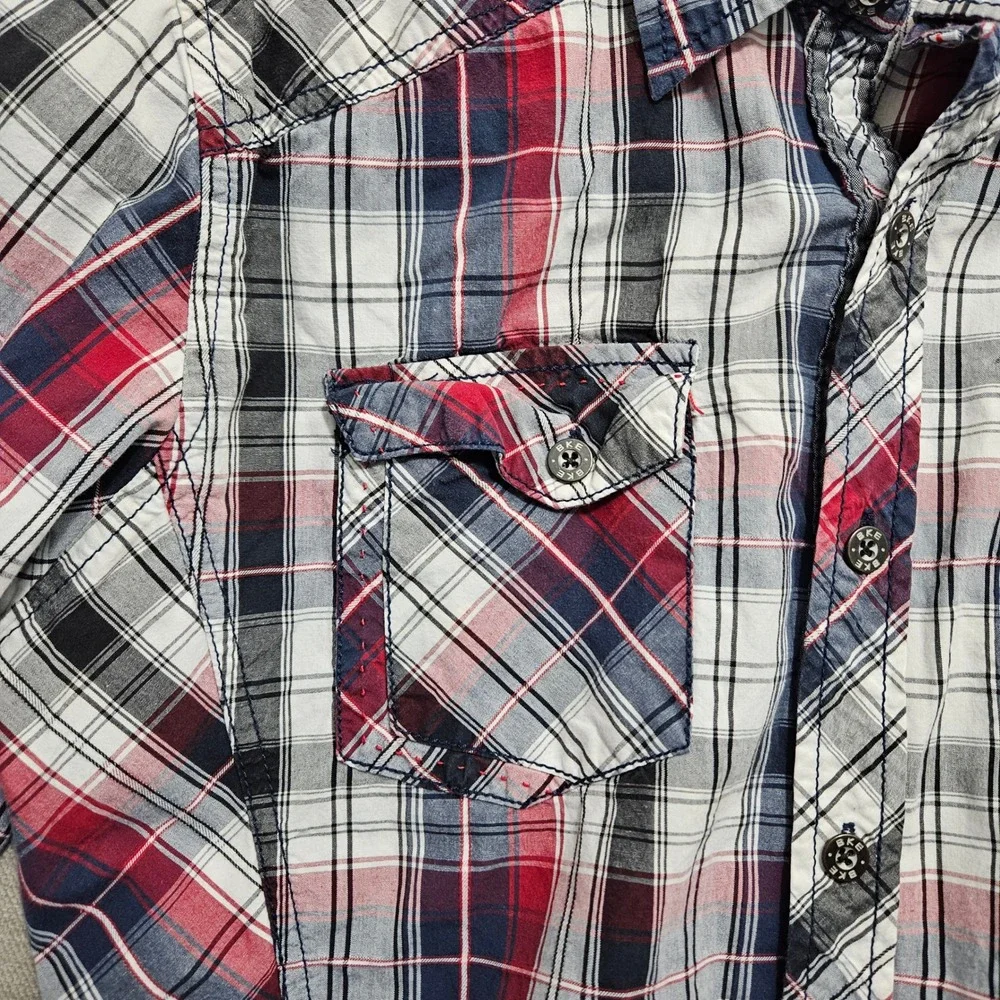 BKE Mens‎ Athletic Fit Plaid Button Down Shirt Red White Blue Cotton M 11220FPW